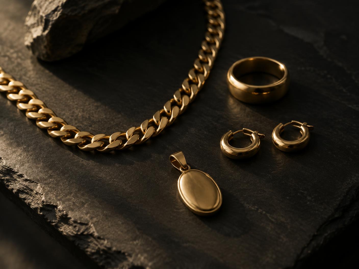 Yellow gold chain, gold ring, and gold earrings displayed on a dark surface