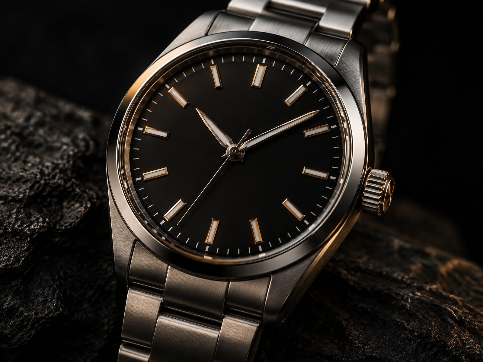 Close-up of a stainless steel wristwatch with a black dial and gold-tone indices